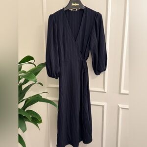 GANNI Navy Blue Pinstripe Wrap Dress